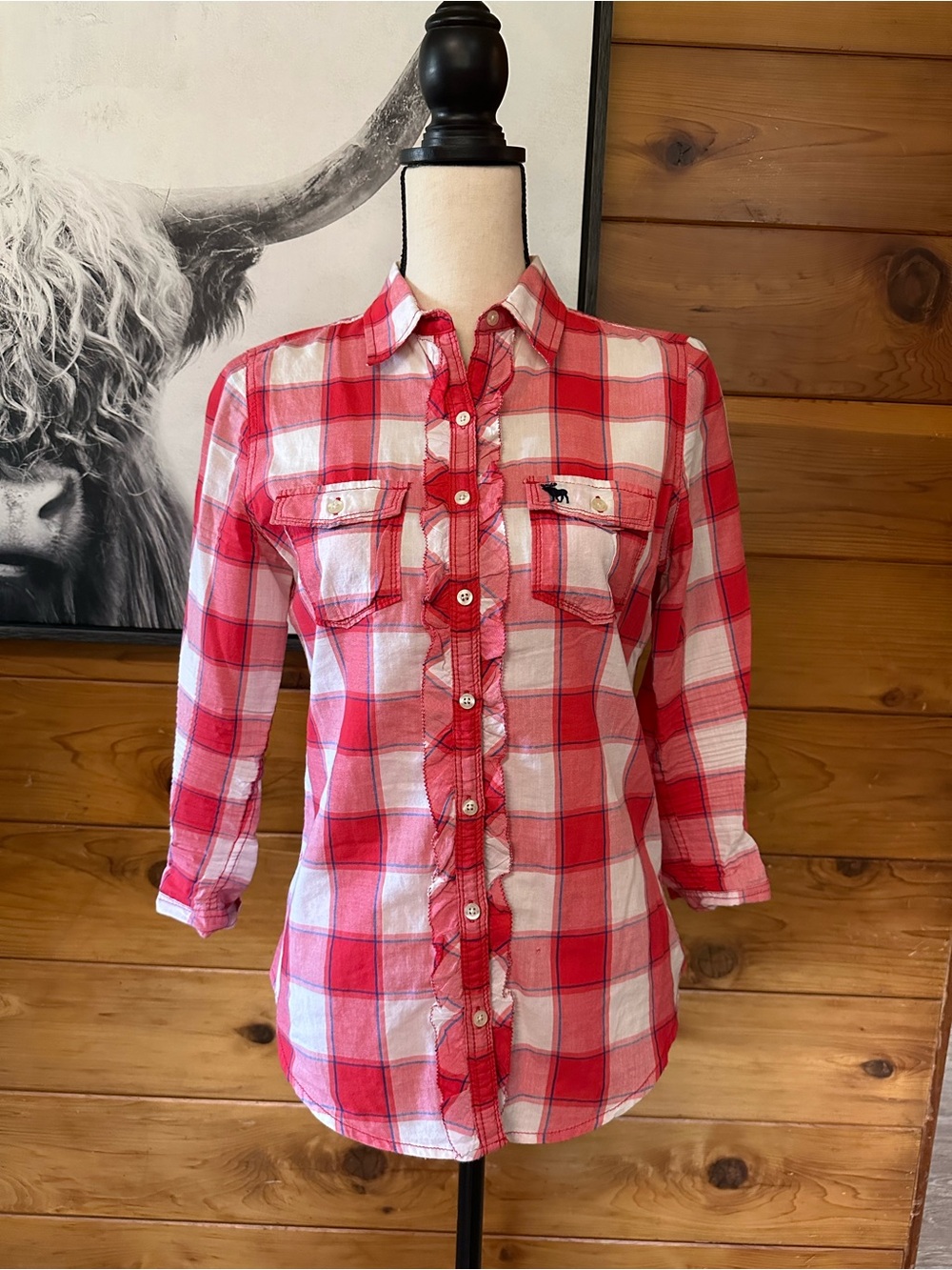 Abercrombie & Fitch Red Plaid Ruffle-Front Button Shirt